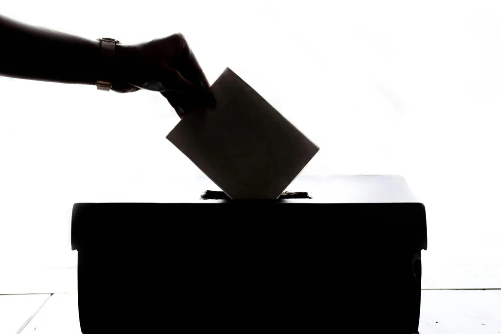 A hand placing a voting slip into a ballot box